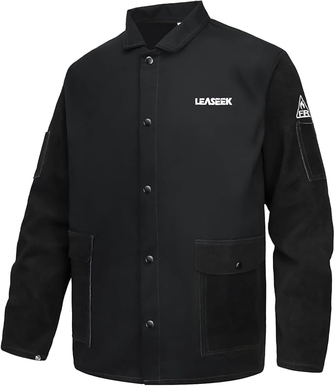 LeaSeek Welding Jacket Leather Sleeves | Flame Resistant (FR) Cotton Weld Coat | Welder Jacket for Men Women | Black, S-4XL