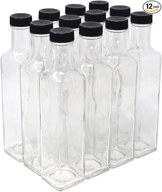 nicebottles Clear Glass Quadra Bottles, 250ml, Black Caps (8.5 Fl Oz) - Case of 12