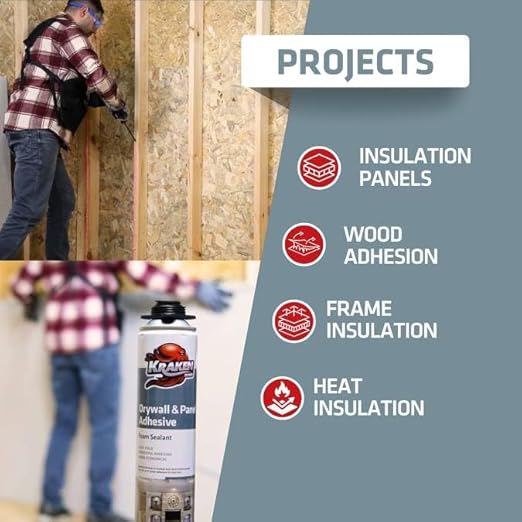 KRAKEN BOND Drywall & Panel Adhesive Foam - (12x24oz) Heavy-Duty, Fast-Curing Construction Adhesive for Concrete, Wood, and Heat Insulation Applications - Gun&Gun Cleaner Set