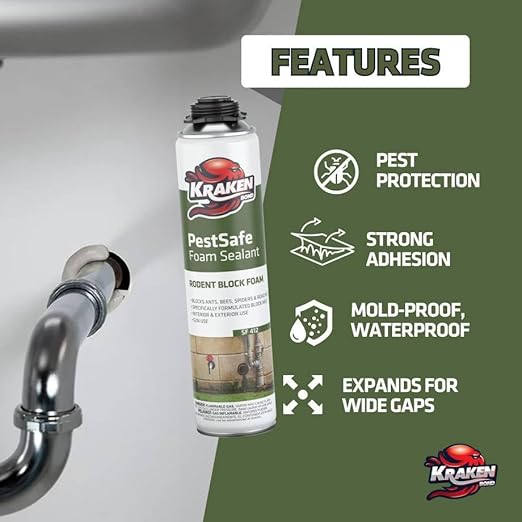 Kraken Bond Expanding Spray Foam Sealant - (1x24oz) Polyurethane Foam Sealant for Gaps & Cracks with, Paintable Foam Filler for Wall Holes, Gun Use | Gun&Cleaner Included - Pestblock -1 Pack