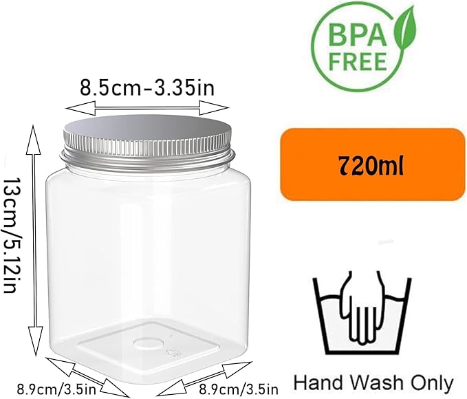 MANSHU 2 Pack 24 Oz Clear plastic jar, Refillable Kitchen Storage Containers, For Kitchen & Household, Aluminum cap.
