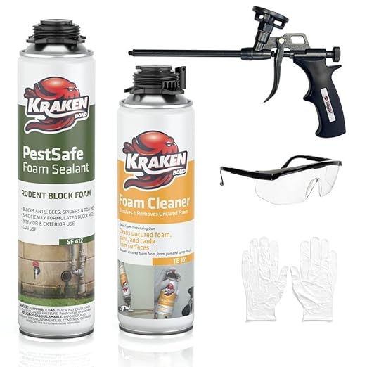 Kraken Bond Expanding Spray Foam Sealant - (1x24oz) Polyurethane Foam Sealant for Gaps & Cracks with, Paintable Foam Filler for Wall Holes, Gun Use | Gun&Cleaner Included - Pestblock -1 Pack
