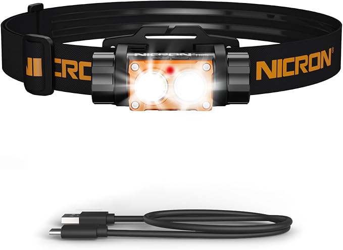 NICRON Headlamp Rechargeable, High Bright 1500 lumens 180° Rotating Aluminum LED Head Lamp with 3 Light Sources 10 Modes Waterproof Head Flashlight H25 for Camping Hunting Running Fishing Biking