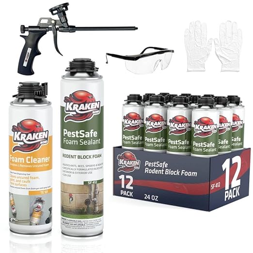 Kraken Bond Expanding Spray Foam Sealant - (12x24oz) Polyurethane Foam Sealant for Gaps & Cracks with, Paintable Foam Filler for Wall Holes, Gun Use | Gun&Cleaner Included - Pestblock -12 Pack