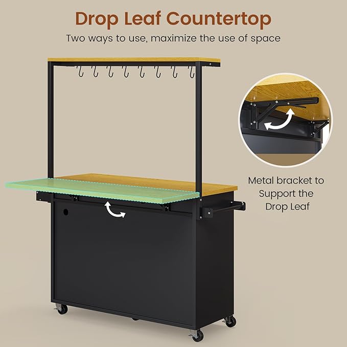 Itaar Rolling Kitchen Island Table on Wheels with Drop Leaf, 40" Mobile Kitchen Carts with Trash can Storage, Storage Cabinet, Drawer, Spice/Towel Rack, Black