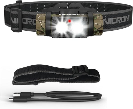 NICRON Rechargeable Headlamp, High Bright 1600 lumens 180° Rotating Aluminum LED Head Lamp with 3 Light Sources 10 Modes Waterproof Head Flashlight H35+ for Camping Hunting Running Fishing (Camo)