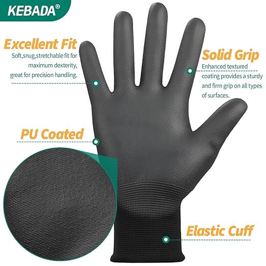 Kebada W1 Safety Work Gloves, PU Coated Touch Screen Work Gloves with Grip, Bulk Pack Working Gloves for Warehouse, Construction, Gardening and Mechanic Use, Black, 50 Pairs, Small
