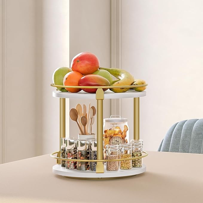 Lazy Susan Organizer, Rotating Spice Rack, 2 Tier Spice Turntable Organizer, Industrial Turntable Spice Holder, for Kitchen Countertop and Cabinet, Compact and Versatile, White and Gold SR22DW