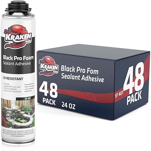Kraken Bond Black Spray Waterfall Foam Sealant - (48x24oz) Expanding Polyurethane Pond Foam Sealer Black, UV Resistant Insulating Spray for Landscape & Exterior, Gun Use, Gun Not Included, 48 Pack