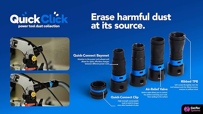 Cen-Tec Systems 94698 Quick Click 10 Ft. Hose for Home and Shop Vacuums with Expanded Multi-Brand Power Tool Adapter Set for Dust Collection