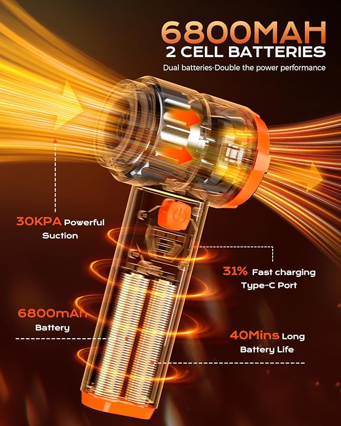 Car Vacuum Portable Cordless, Handheld Vacuum Cordless with 30000PA Suction, 130000RPM, 6800mAh Battery, 10 Nozzles, Rubber Paint Material for Car, Home, Pet Cleaning(Black Orange)