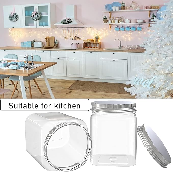 MANSHU 2 Pack 24 Oz Clear plastic jar, Refillable Kitchen Storage Containers, For Kitchen & Household, Aluminum cap.