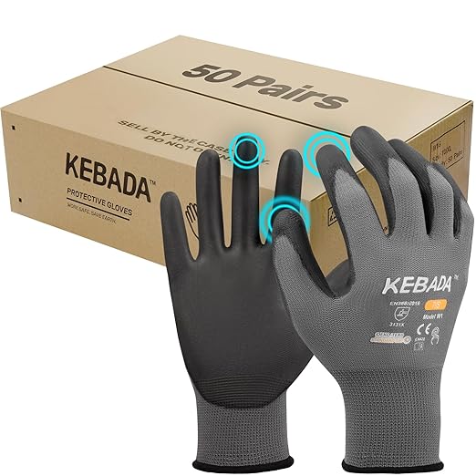 Kebada W1 Work Gloves for Men and Women, Touchscreen PU Coated Gloves with Grip, 50 Pairs Bulk Pack, Ideal for Warehouse Package Handling, Construction, Gardening, Gray XX-Large