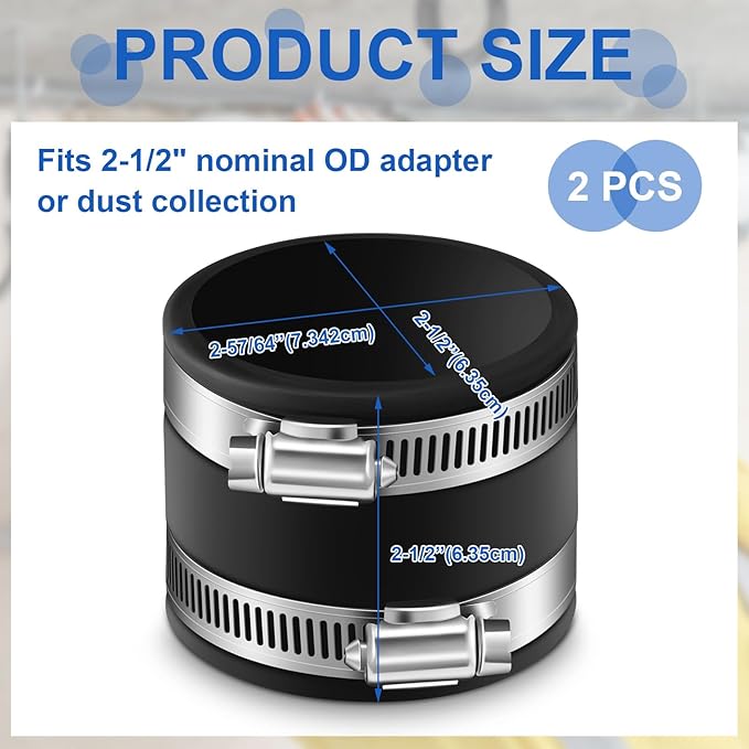 Minatee Dust Control Flex Cuffs with Stainless Steel Hose Clamps, Flexible PVC Coupling for Plastic and Copper Plumbing Connections, Connector Ports Dust Collection Fittings(2-1/2 Inch, 2 Pcs)