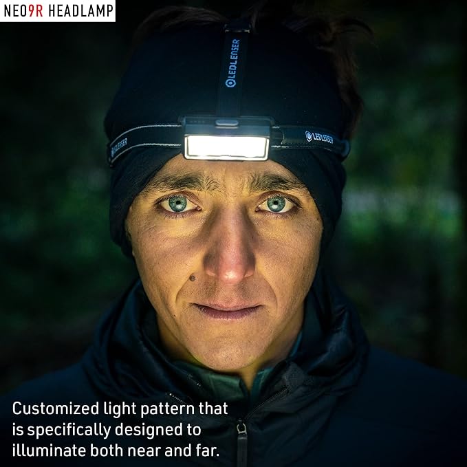 Ledlenser NEO9R LED headlamp Trail Running, Running lamp, Bright, 1200 lumens, Rechargeable, red Rear Light, Chest Strap, Reflective Headband (Black)