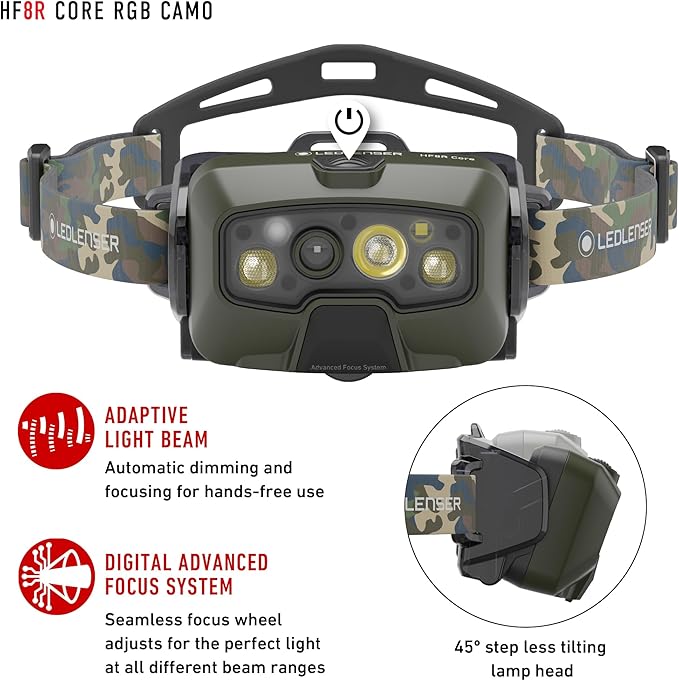 Ledlenser, HF8R CORE RGB, Hands Free, Rechargeable Headlamp, Dust and Water Resistant, 1600 Lumens, Camo
