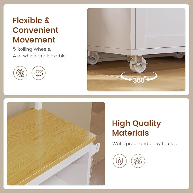 Itaar Rolling Kitchen Island Table on Wheels with Drop Leaf, 40" Mobile Kitchen Carts with Trash can Storage, Storage Cabinet, Drawer, Spice/Towel Rack, White