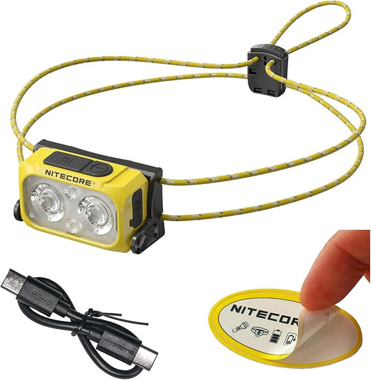 Nitecore NU25 MCT 400 Lumen Lightweight USB-C Rechargeble Outdoor Headlamp with Multiple Color Temperatures Warm Natural, Cold Lights and Red Light (Elastic Cord, Yellow)