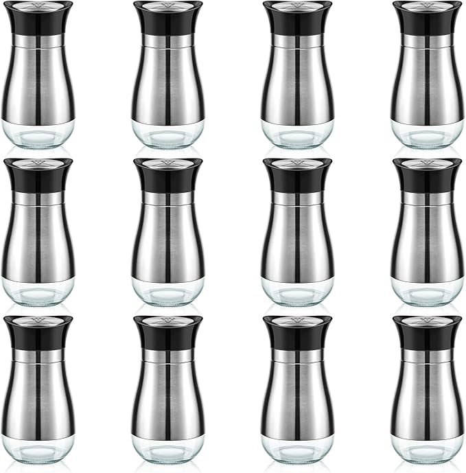 Layhit 12 Pack Stainless Steel Salt and Pepper Shakers Set with Stainless Steel Lid Glass Bottle Refillable Salt Dispenser for Kitchen Table Gadgets Cooking BBQ