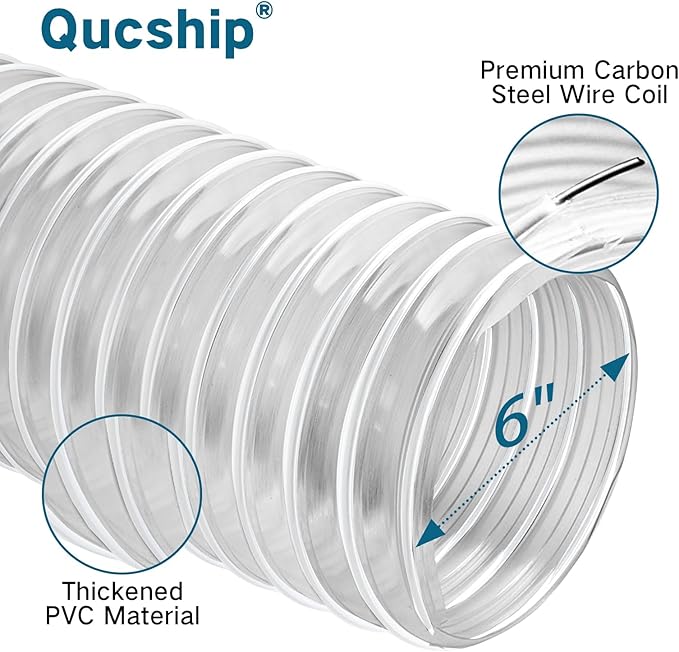 Heavy PVC Dust Collection Hose 6" x 10', Puncture Resistant PVC Dust Collection Hose with Carbon Steel Wire Coil, Flexible Clear PVC Fume Collection Hose for Dust Collectors