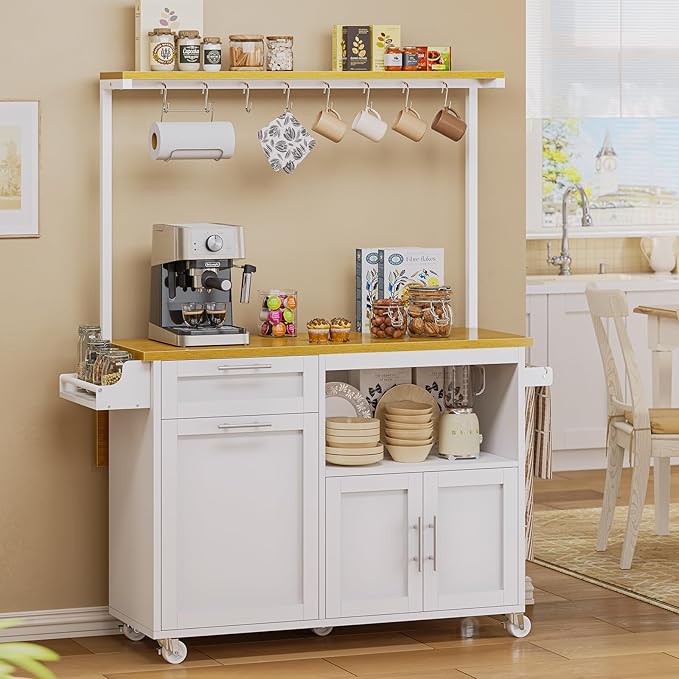 Itaar Rolling Kitchen Island Table on Wheels with Drop Leaf, 40" Mobile Kitchen Carts with Trash can Storage, Storage Cabinet, Drawer, Spice/Towel Rack, White