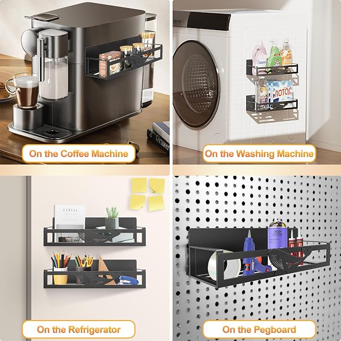 Magnetic Spice Rack for Refrigerator, 2-Pack Metal Spice Organizer for Kitchen Storage Organization, Magnetic Shelf for Fridge Space Saving Seasoning Organizer, Black