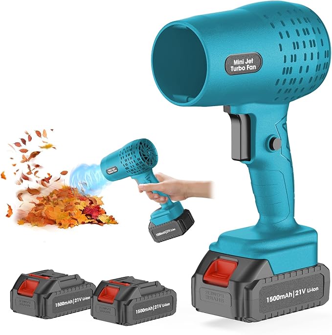 Leaf Blower with 21V*2 Pcs Batteries, 650000RPM Powerful Fan, High Variable Speed 200 MPH, Handheld Air Blower, Perfect for Car Drying, Patio Cleaning, Lawn Caring, Leaves Blowing (Blue)
