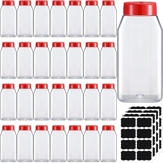 Mifoci 28 Pack 16 oz Plastic Spice Jars with Cap Square Plastic Bottle Containers with Shaker Lids and Stickers Large Seasoning Shaker Empty Powder Storage Container for Storing Salt Herbs (Red)