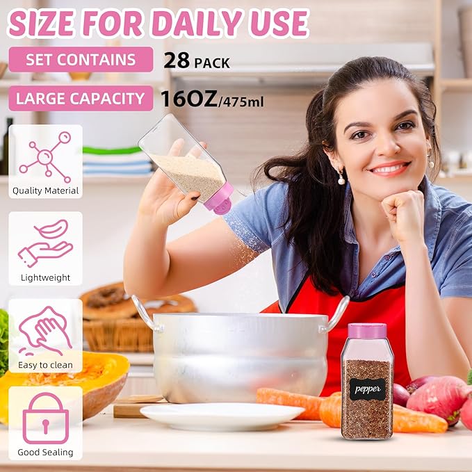 Mifoci 28 Pack 16 oz Plastic Spice Jars with Cap Square Plastic Bottle Containers with Shaker Lids and Stickers Large Seasoning Shaker Empty Powder Storage Container for Storing Salt Herbs (Pink)