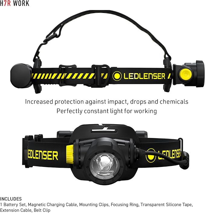 Ledlenser, H7R Work Rechargeable Headlamp, High Power LED,1000 Lumens, Advanced Focus System, Constant Light Output, Bright, Dimmable, Magnetic Charge System, Dustproof, Waterproof, Rubber Covers
