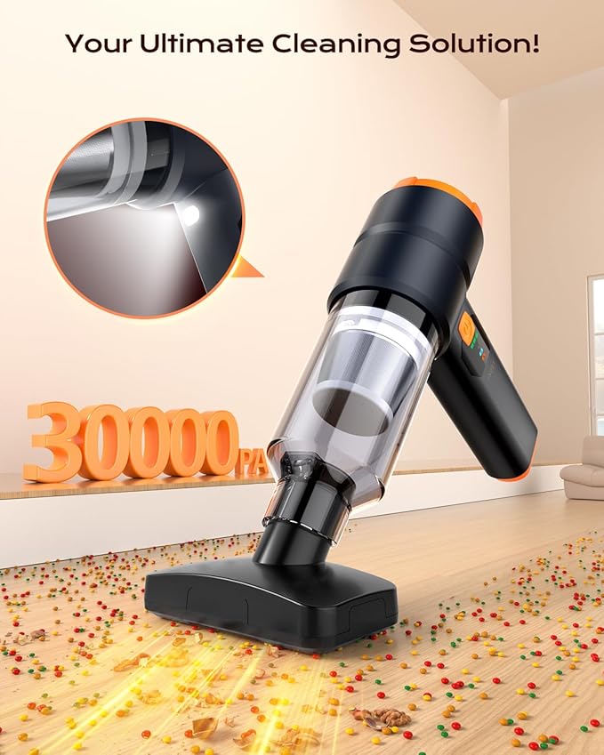 Car Vacuum Portable Cordless, Handheld Vacuum Cordless with 30000PA Suction, 130000RPM, 6800mAh Battery, 10 Nozzles, Rubber Paint Material for Car, Home, Pet Cleaning(Charcoal Black)