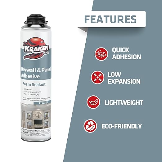 KRAKEN BOND Drywall & Panel Adhesive Foam - (2x24oz) Heavy-Duty, Fast-Curing Construction Adhesive for Concrete, Wood, and Heat Insulation Applications - Gun&Gun Cleaner Set