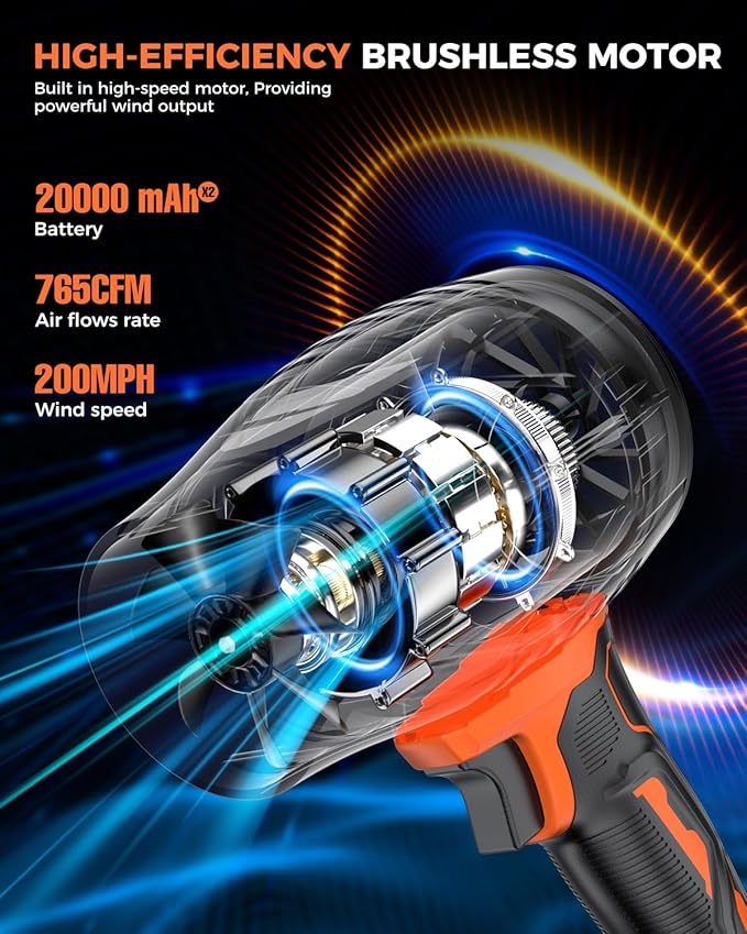 Leaf Blower Cordless with Battery and Charger,500,000 RPM,Extended Nozzle,Lightweight Handheld Design,Blower for Patio Cleaning,car Blowing Water,Blowing Leaves and Dust(Citrus Orange)