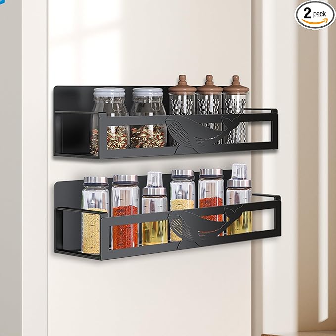 Magnetic Spice Rack for Refrigerator, 2-Pack Metal Spice Organizer for Kitchen Storage Organization, Magnetic Shelf for Fridge Space Saving Seasoning Organizer, Black