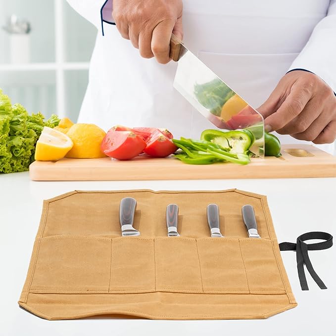 Knife Roll Bags, 16oz Waxed Canvas Knife Holder (5 Slots & Specialized Anti Cutting Fabric), Multi-Purpose Knife Pouch with Tie Rope, Khaki