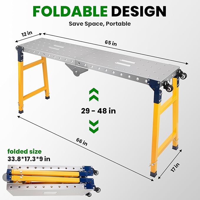 Carbon Steel Welding Table 65x12in, 1500LBS Foldable Welding Workbench with 5-Level Adjustable Height 29-48in, 4 Swivel Wheels Portable Welding Table for Workshop & Industrial Applications