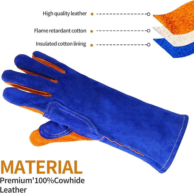 Leather MIG Welding Gloves - Heat Fire Resistant for Welding/Grilling/BBQ(Black/Brown/Blue)