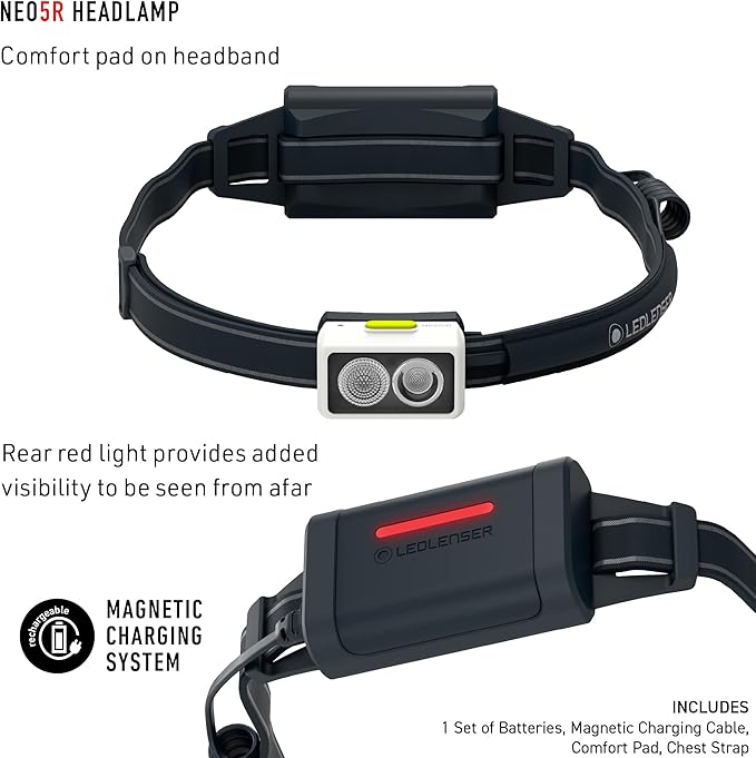 Ledlenser NEO5R LED headlamp Jogging, 600 lumens, Running lamp, Rechargeable, red Rear Light, Reflective Headband, Chest Strap, lamp Head swivelling (White)