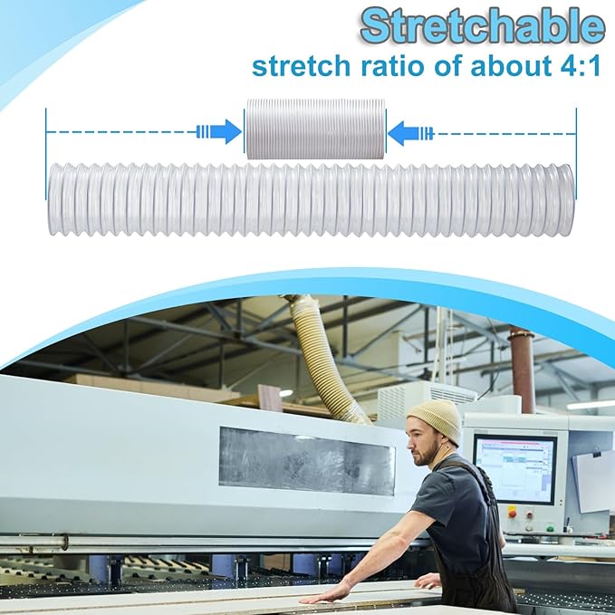 Flexible PVC Dust Collection Hose With Stainless Steel Clamps - Clear Vacuum Hose Fittings and Collector Accessories for Woodworking (6 Inch, 10 ft)