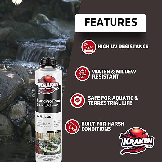 Kraken Bond Black Spray Waterfall Foam Sealant - (2x24oz) Expanding Polyurethane Pond Foam Sealer Black, UV Resistant Insulating Spray for Landscape & Exterior, Gun Use, Gun Not Included, 2 Pack