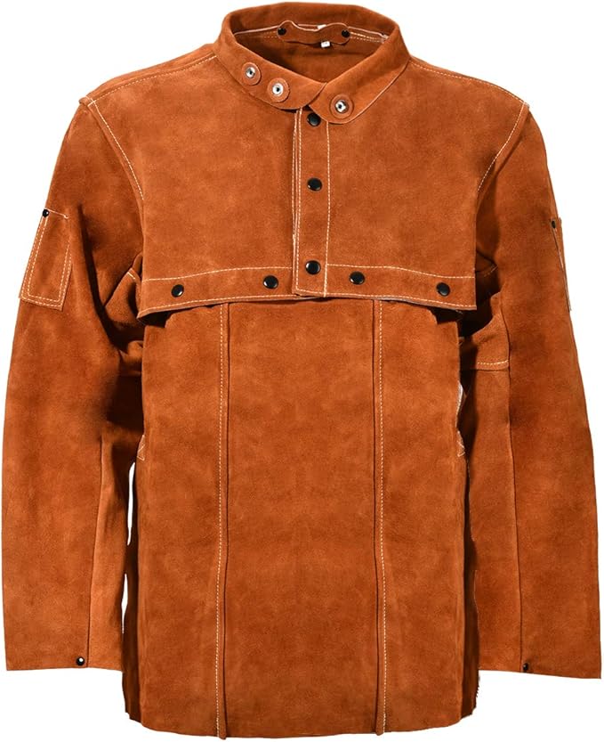 LeaSeek Leather Welding Jacket - Heavy Duty Welding Apron with Sleeve,Heat Flame Resistant Cowhide Weld Coat for Men Women.