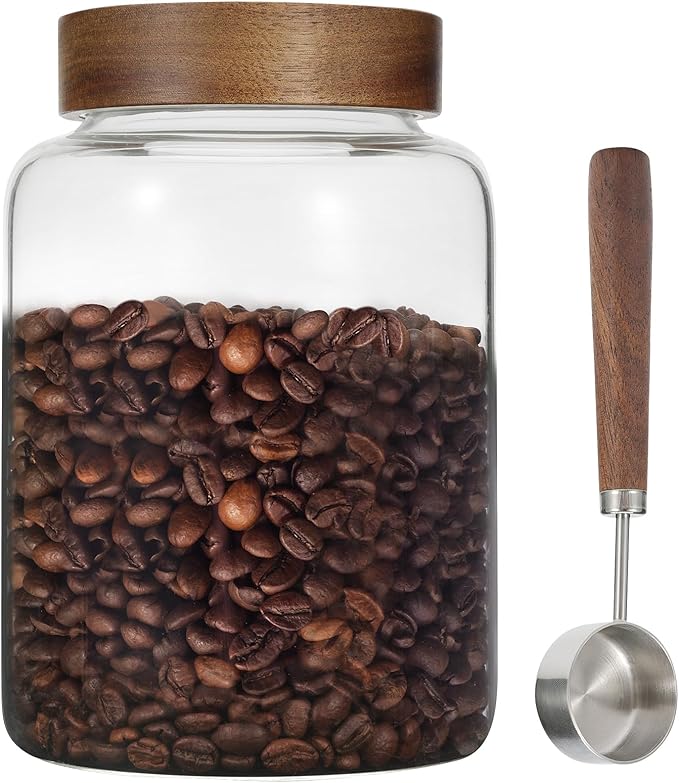 Large Glass Coffee Jars with Spoons 60 oz /1800ml, Round Storage Canister with Wooden Lid Clear Glass Food Jar for Pantry Sugar Tea Coffee Bean Spice Nuts Cookies Bath Salts (1800ml/60oz)