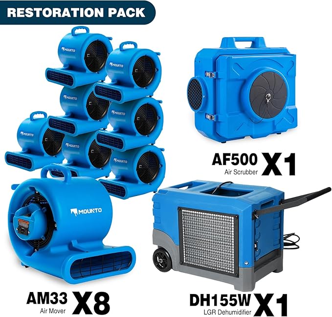 MOUNTO Water Damage Restoration Combo Package 8x Air Mover 1x Air Scrubber 1x Dehumidifier