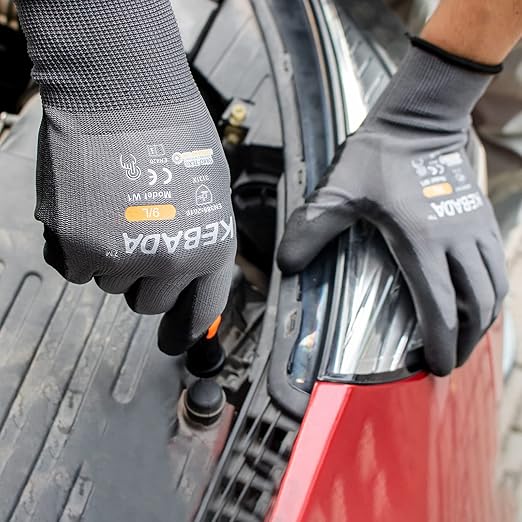 Kebada W1 Work Gloves for Men and Women, PU Coated Safety Gloves with Grip, Touchscreen, Ideal for Warehouse Package Handling, Construction, Gardening, 12 Pairs Gray Small