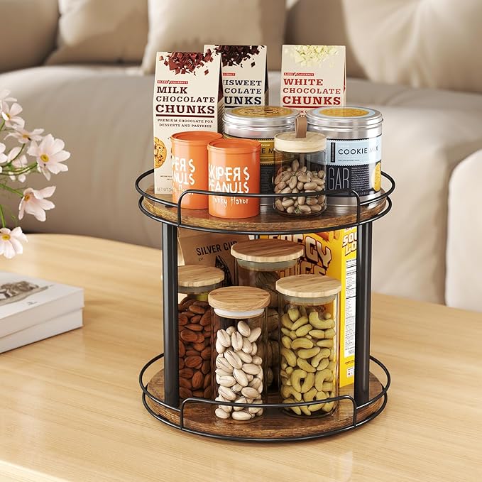 LAMU 10.2'' Wood Lazy Susan Turntable Organizer for Cabinet, 2 Tier Lazy Susan Spice Rack Organizer for Kitchen, Table Top, Countertop, Pantry, Medicine Organizer