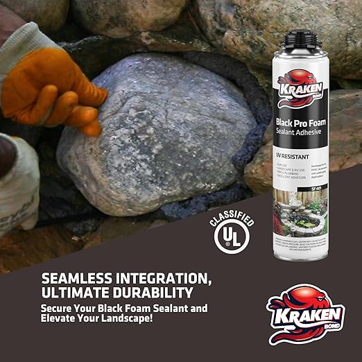 Kraken Bond Black Spray Waterfall Foam Sealant - (48x24oz) Expanding Polyurethane Pond Foam Sealer Black, UV Resistant Insulating Spray for Landscape & Exterior, Gun Use, Gun Included, 48 Pack