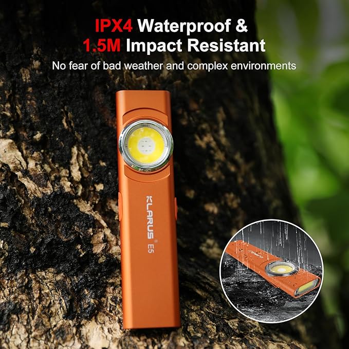 klarus E5 2Pcs Pocket Flashlight, Rechargeable EDC Flashlight, Super Slim 4.2x1x0.3inch, 600 Lumens, USB-C Port, IPX4, Dual Light Source with Magnetic Base, Hat & Clothes Clip