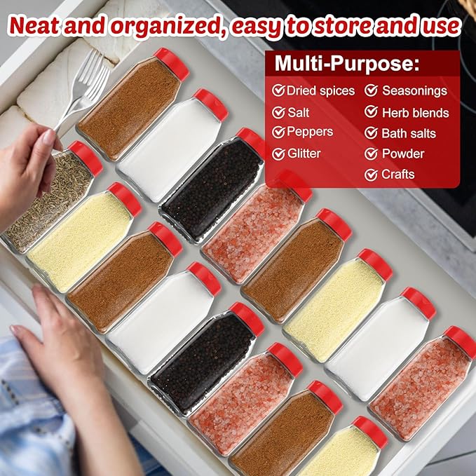Mifoci 28 Pack 16 oz Plastic Spice Jars with Cap Square Plastic Bottle Containers with Shaker Lids and Stickers Large Seasoning Shaker Empty Powder Storage Container for Storing Salt Herbs (Red)