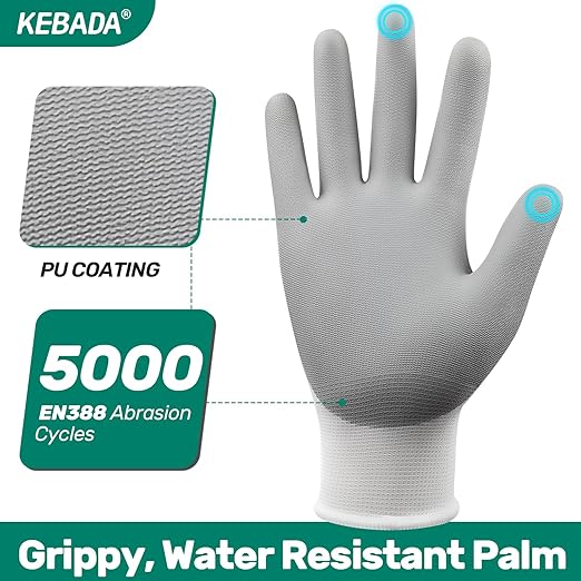 Kebada W1 Work Gloves for Men and Women, 12 Pairs Touchscreen Safety Gloves with Grip, PU-Coated, Ideal for Light & Medium Duty Tasks, White, X-Large