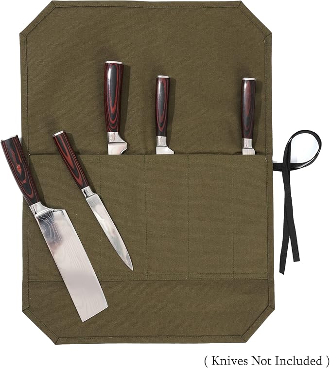 Kaaltisy Knife Roll Bag, 16oz Waxed Canvas Chef Knife Bag with 5 Slots, Specialized Anti Cutting Fabric Knife Holder with Tie Rope | Army Green